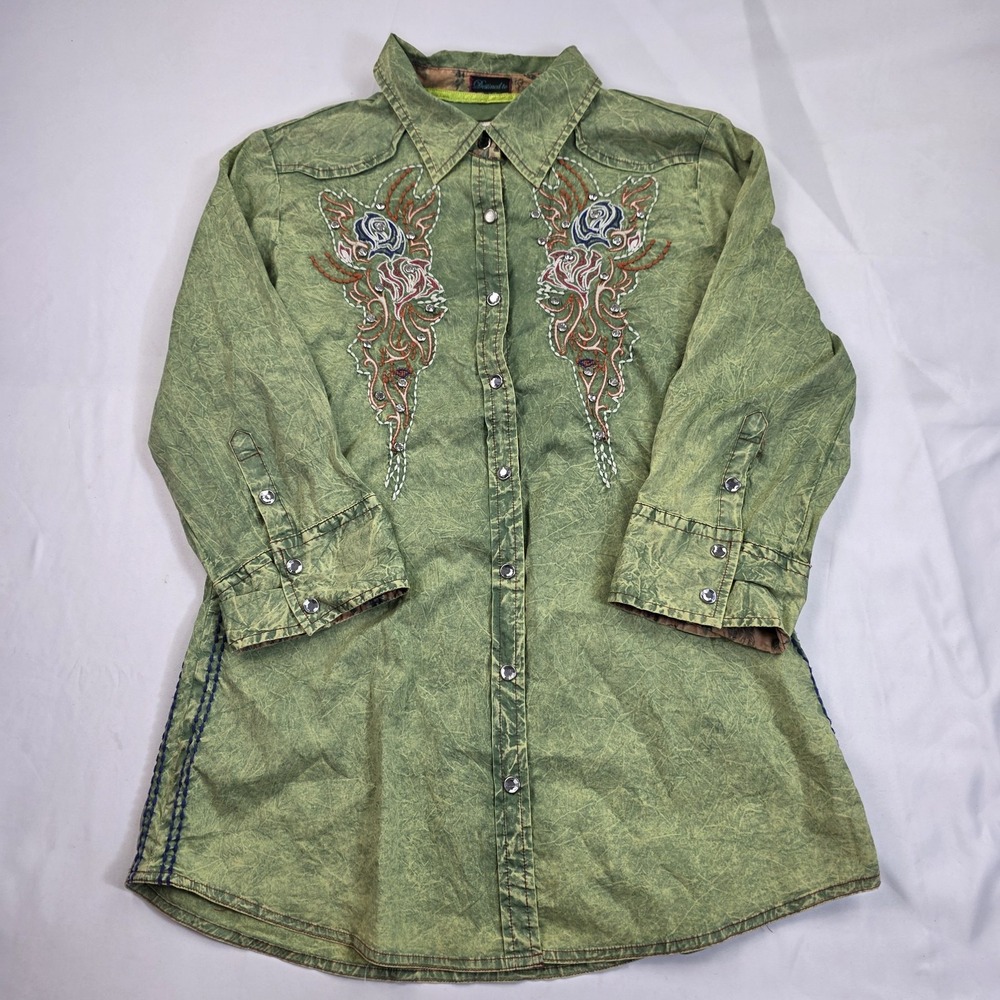 VTG Y2K Roar Shirt Womens Medium Green Snap Button Embroidered Tunic Western